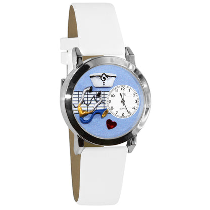 Whimsical Gifts | Nurse Blue 3D Watch Small Style | Handmade in USA | Professions Themed | Nurse | Novelty Unique Fun Miniatures Gift | Silver Finish White Leather Watch Band