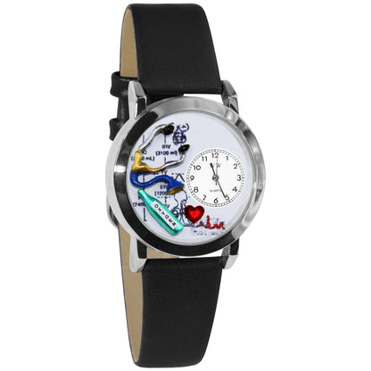Whimsical Gifts | Respiratory Therapist 3D Watch Small Style | Handmade in USA | Professions Themed | Medical Professions | Novelty Unique Fun Miniatures Gift | Silver Finish Black Leather Watch Band