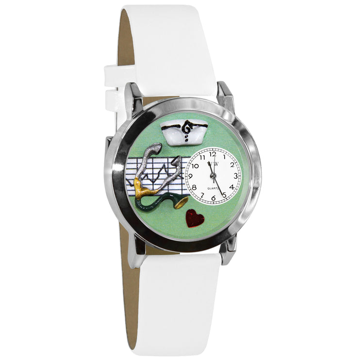 Whimsical Gifts | Nurse Green 3D Watch Small Style | Handmade in USA | Professions Themed | Nurse | Novelty Unique Fun Miniatures Gift | Silver Finish White Leather Watch Band
