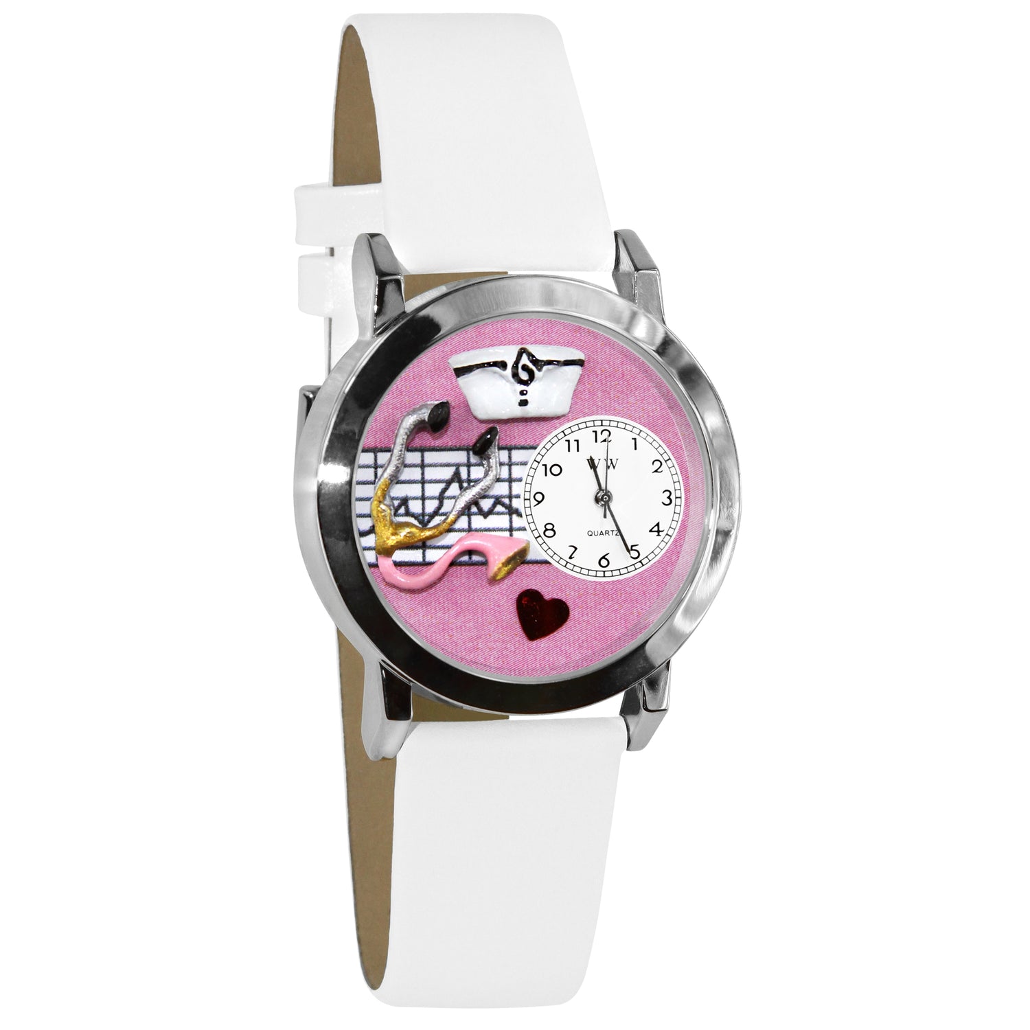 Whimsical Gifts | Nurse Pink 3D Watch Small Style | Handmade in USA | Professions Themed | Nurse | Novelty Unique Fun Miniatures Gift | Silver Finish White Leather Watch Band