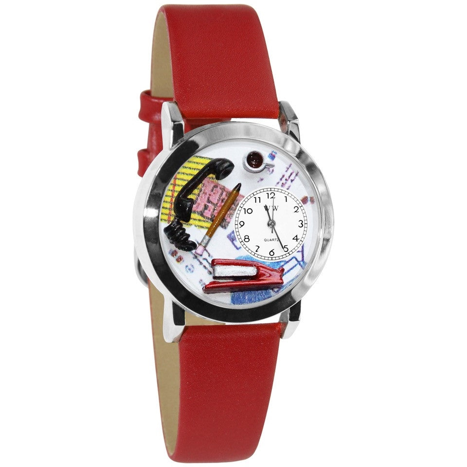 Whimsical Gifts | Administrative Professional 3D Watch Small Style | Handmade in USA | Professions Themed | Business & Legal | Novelty Unique Fun Miniatures Gift | Silver Finish Red Leather Watch Band