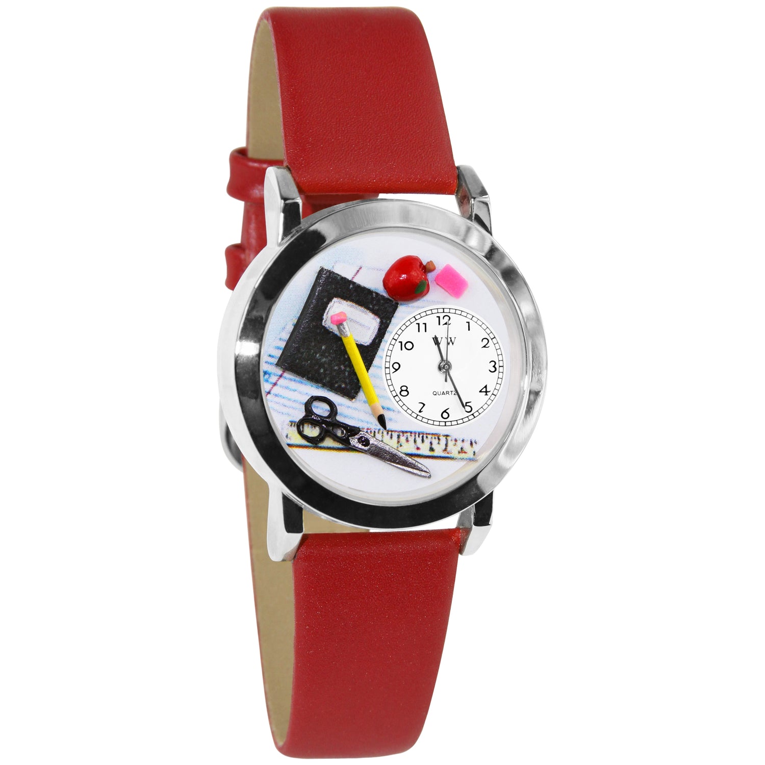 Whimsical Gifts | Teacher Classic 3D Watch Small Style | Handmade in USA | Professions Themed | Teacher | Novelty Unique Fun Miniatures Gift | Silver Finish Red Leather Watch Band