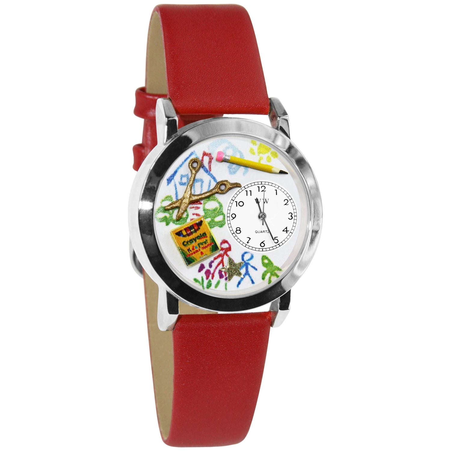 Whimsical Gifts | Preschool Teacher 3D Watch Small Style | Handmade in USA | Professions Themed | Teacher | Novelty Unique Fun Miniatures Gift | Silver Finish Red Leather Watch Band