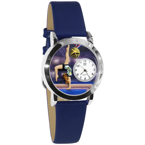 Whimsical Gifts | Gymnastics 3D Watch Small Style | Handmade in USA | Hobbies & Special Interests | Sports | Novelty Unique Fun Miniatures Gift | Silver Finish Blue Leather Watch Band