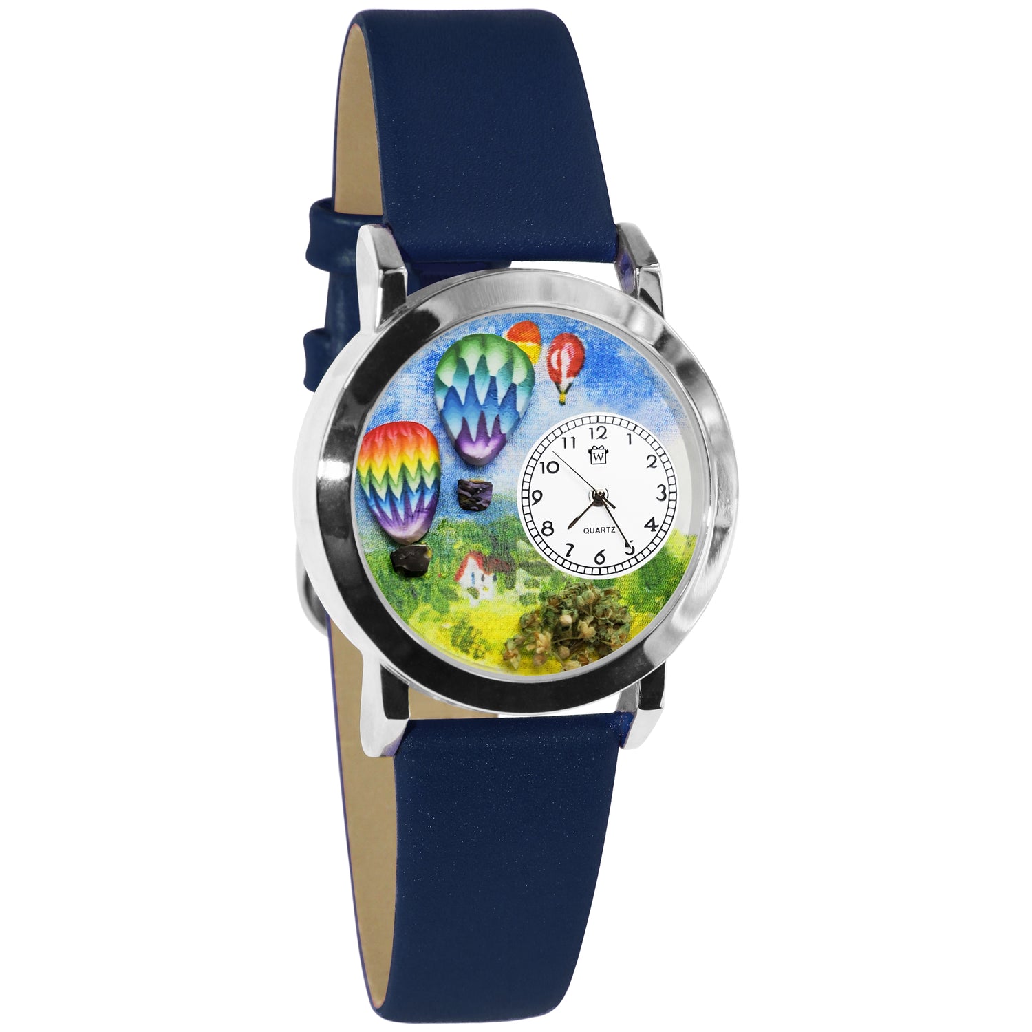 Whimsical Gifts | Hot Air Balloons 3D Watch Small Style | Handmade in USA | Hobbies & Special Interests | Outdoor Hobbies | Novelty Unique Fun Miniatures Gift | Silver Finish Blue Leather Watch Band