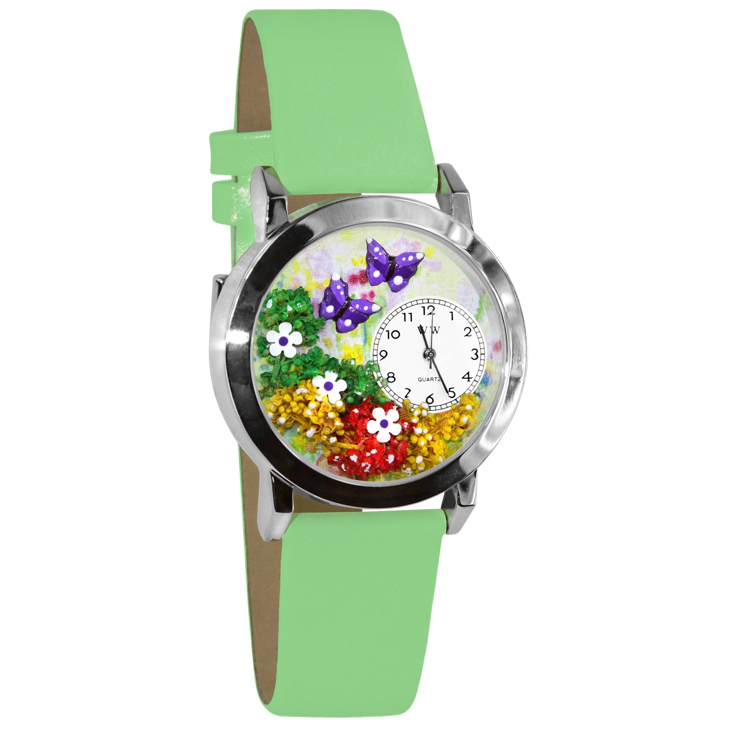 Whimsical Gifts | Butterflies 3D Watch Small Style | Handmade in USA | Animal Lover | Outdoor & Garden | Novelty Unique Fun Miniatures Gift | Silver Finish Green Leather Watch Band