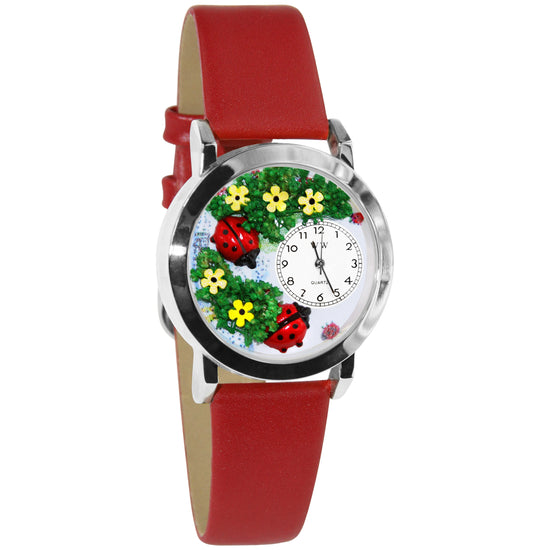 Whimsical Gifts | Ladybugs 3D Watch Small Style | Handmade in USA | Animal Lover | Outdoor & Garden | Novelty Unique Fun Miniatures Gift | Silver Finish Red Leather Watch Band