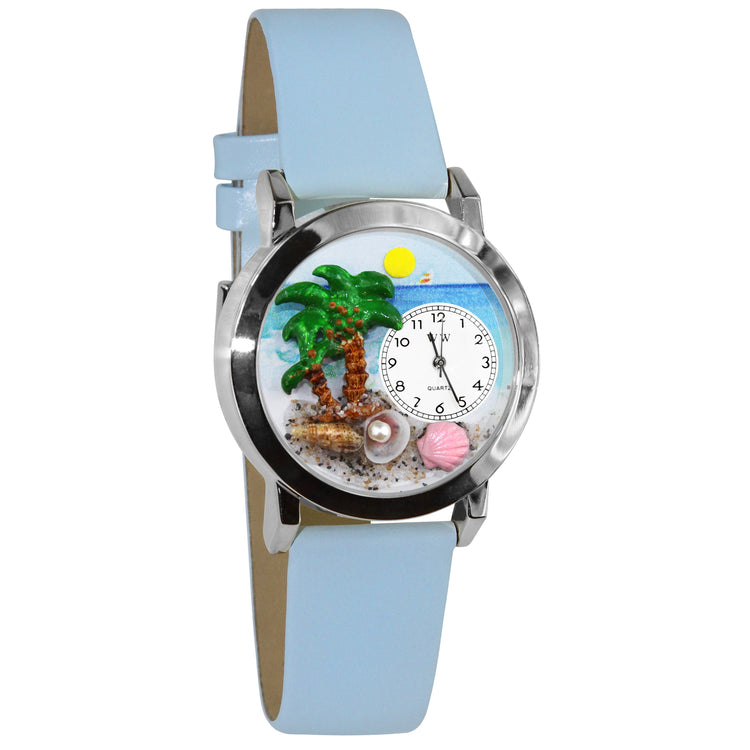 Whimsical Gifts | Palm Tree 3D Watch Small Style | Handmade in USA | Holiday & Seasonal Themed | Spring & Summer Fun | Novelty Unique Fun Miniatures Gift | Silver Finish Light Blue Leather Watch Band