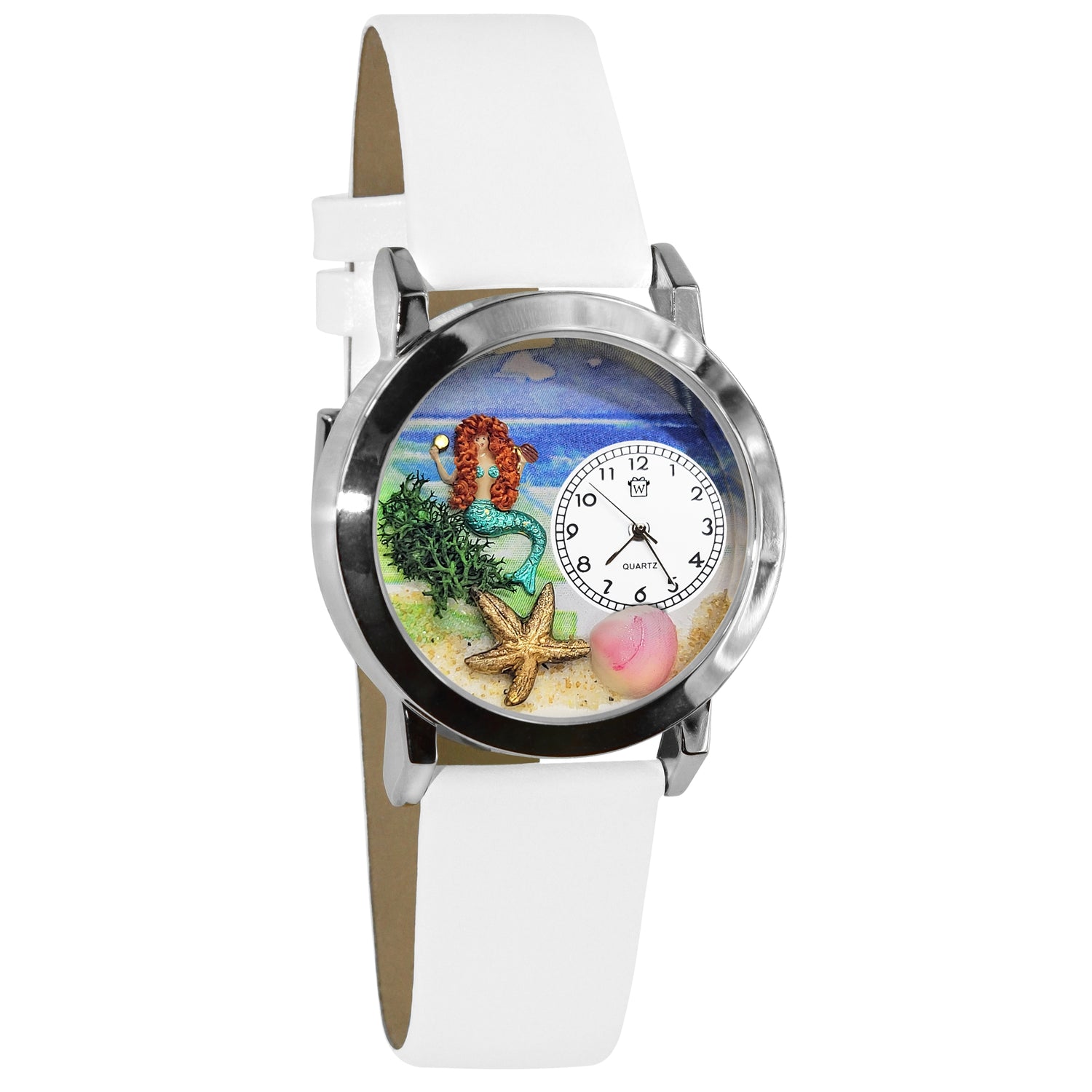 Whimsical Gifts | Mermaid 3D Watch Small Style | Handmade in USA | Fantasy & Mystical |  | Novelty Unique Fun Miniatures Gift | Silver Finish White Leather Watch Band