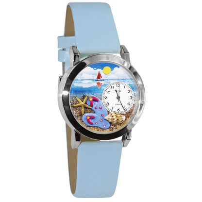 Whimsical Gifts | Flip-flops 3D Watch Small Style | Handmade in USA | Holiday & Seasonal Themed | Spring & Summer Fun | Novelty Unique Fun Miniatures Gift | Silver Finish Light Blue Leather Watch Band