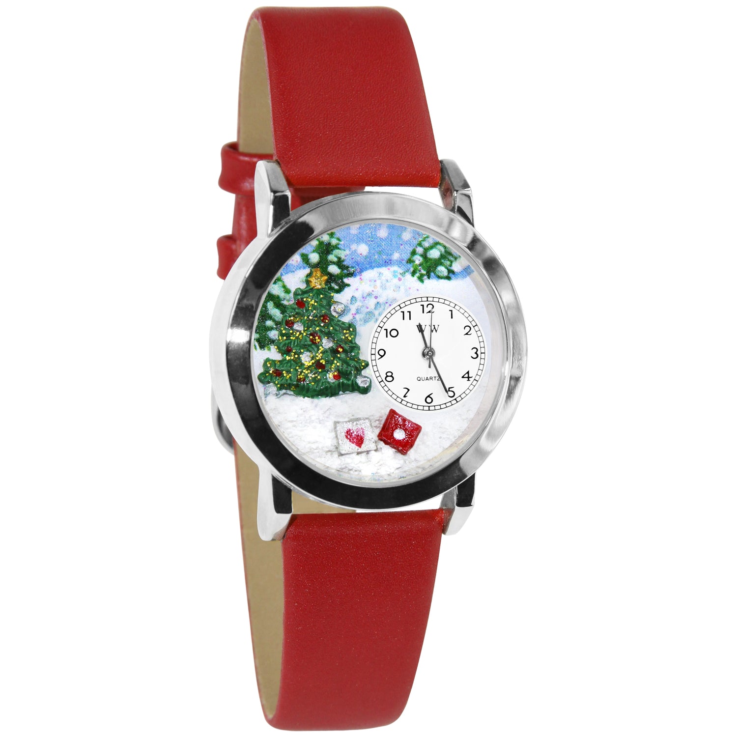 Whimsical Gifts | Christmas Tree 3D Watch Small Style | Handmade in USA | Holiday & Seasonal Themed | Christmas | Novelty Unique Fun Miniatures Gift | Silver Finish Red Leather Watch Band