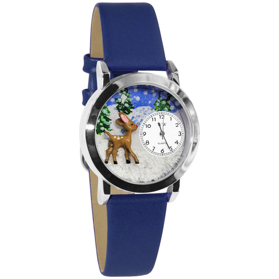 Whimsical Gifts | Reindeer 3D Watch Small Style | Handmade in USA | Holiday & Seasonal Themed | Christmas | Novelty Unique Fun Miniatures Gift | Silver Finish Blue Leather Watch Band
