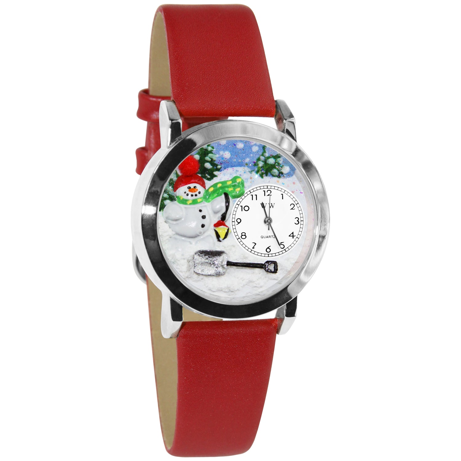 Whimsical Gifts | Snowman 3D Watch Small Style | Handmade in USA | Holiday & Seasonal Themed | Fall & Winter | Novelty Unique Fun Miniatures Gift | Silver Finish Red Leather Watch Band
