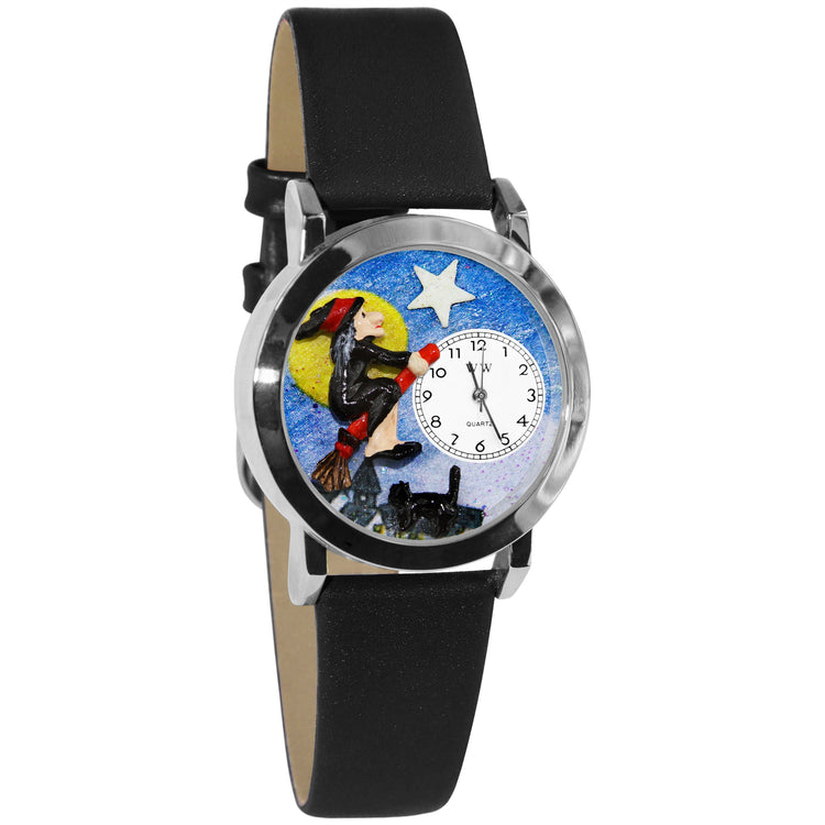 Whimsical Gifts | Flying Witch 3D Watch Small Style | Handmade in USA | Holiday & Seasonal Themed | Halloween | Novelty Unique Fun Miniatures Gift | Silver Finish Black Leather Watch Band