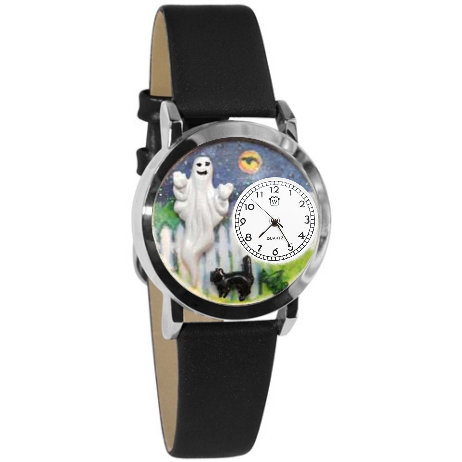 Whimsical Gifts | Halloween Ghost 3D Watch Small Style | Handmade in USA | Holiday & Seasonal Themed | Halloween | Novelty Unique Fun Miniatures Gift | Silver Finish Black Leather Watch Band
