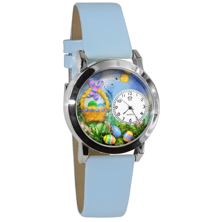 Whimsical Gifts | Easter Basket 3D Watch Small Style | Handmade in USA | Holiday & Seasonal Themed | Easter | Novelty Unique Fun Miniatures Gift | Silver Finish Light Blue Leather Watch Band