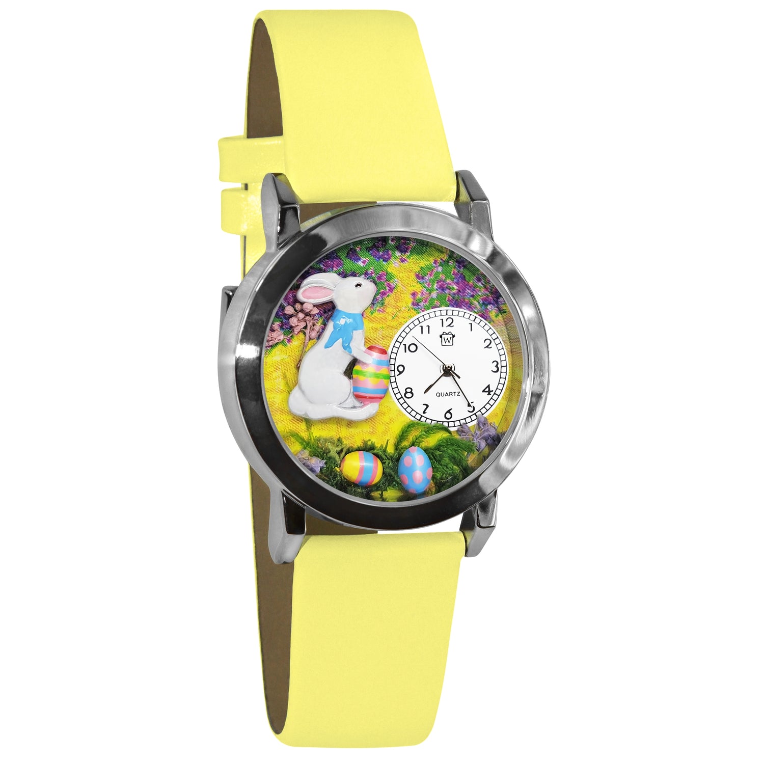 Whimsical Gifts | Easter Bunny 3D Watch Small Style | Handmade in USA | Holiday & Seasonal Themed | Easter | Novelty Unique Fun Miniatures Gift | Silver Finish Yellow Leather Watch Band