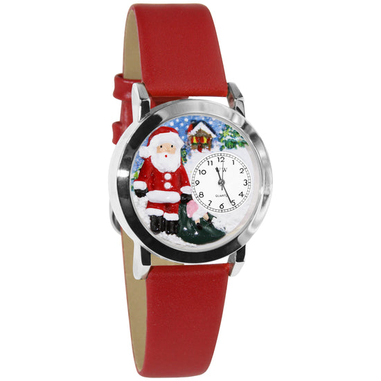 Whimsical Gifts | Santa Claus 3D Watch Small Style | Handmade in USA | Holiday & Seasonal Themed | Christmas | Novelty Unique Fun Miniatures Gift | Silver Finish Red Leather Watch Band