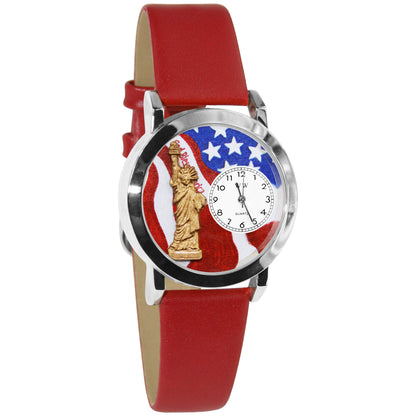 Whimsical Gifts | Statue of Liberty 3D Watch Small Style | Handmade in USA | Patriotic |  | Novelty Unique Fun Miniatures Gift | Silver Finish Red Leather Watch Band