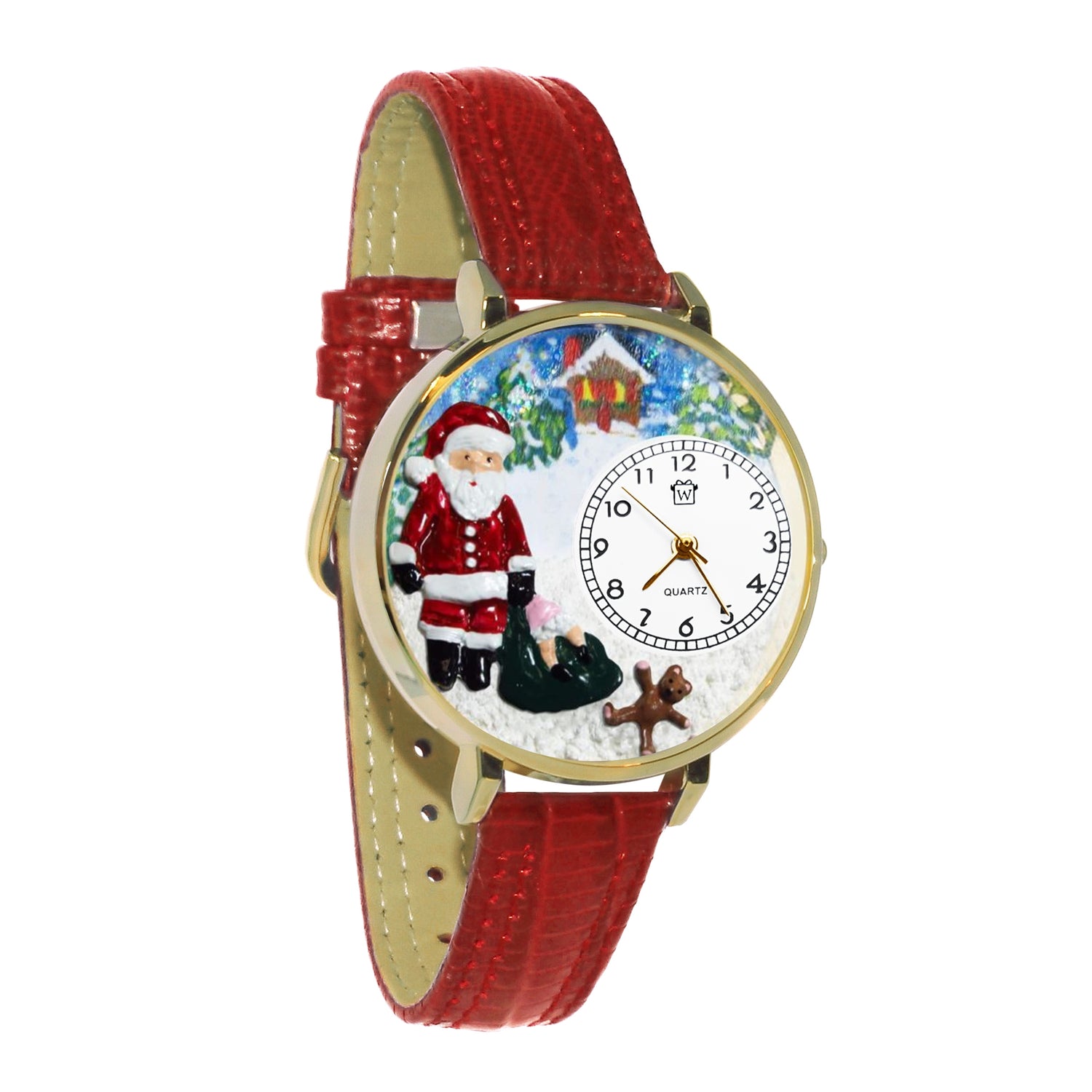 Whimsical Gifts | Santa Claus 3D Watch Large Style | Handmade in USA | Holiday & Seasonal Themed | Christmas | Novelty Unique Fun Miniatures Gift | Gold Finish Red Leather Watch Band