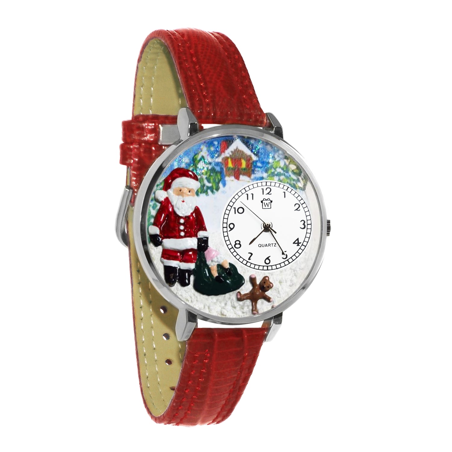 Whimsical Gifts | Santa Claus 3D Watch Large Style | Handmade in USA | Holiday & Seasonal Themed | Christmas | Novelty Unique Fun Miniatures Gift | Silver Finish Red Leather Watch Band