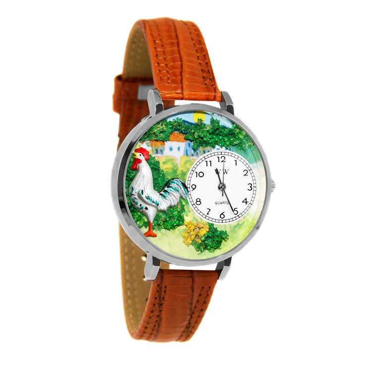 Whimsical Gifts | Rooster 3D Watch Large Style | Handmade in USA | Animal Lover | Farm Animal | Novelty Unique Fun Miniatures Gift | Silver Finish Tan Leather Watch Band