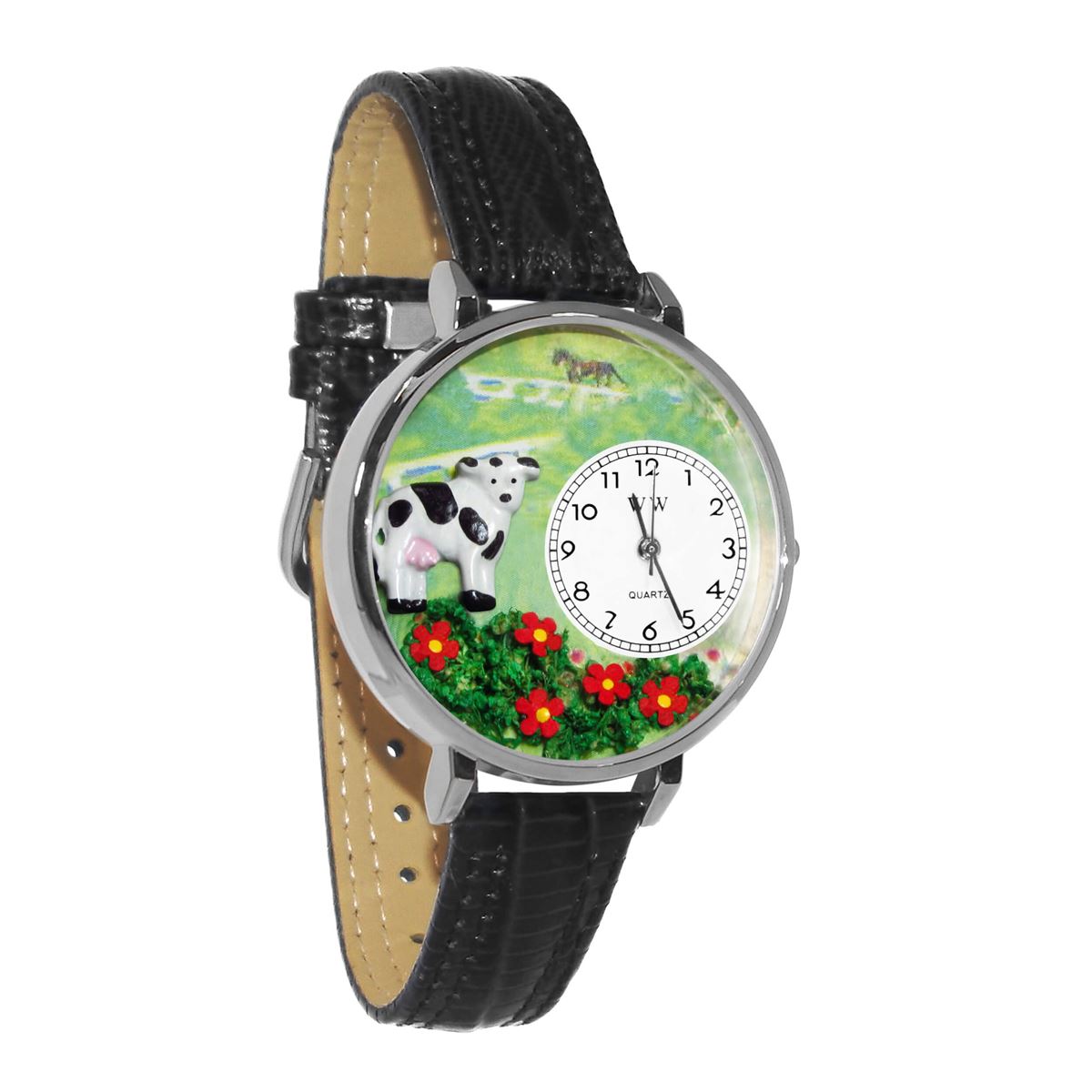 Whimsical Gifts | Cow 3D Watch Large Style | Handmade in USA | Animal Lover | Farm Animal | Novelty Unique Fun Miniatures Gift | Silver Finish Black Leather Watch Band