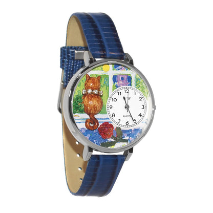 Whimsical Gifts | Aristo Cat 3D Watch Large Style | Handmade in USA | Animal Lover | Cat Lover | Novelty Unique Fun Miniatures Gift | Silver Finish Royal Blue Leather Watch Band