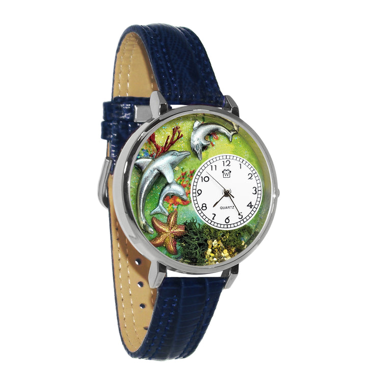 Whimsical Gifts | Dolphin 3D Watch Large Style | Handmade in USA | Animal Lover | Zoo & Sealife | Novelty Unique Fun Miniatures Gift | Silver Finish Navy Blue Leather Watch Band