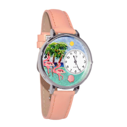 Whimsical Gifts | Flamingo 3D Watch Large Style | Handmade in USA | Holiday & Seasonal Themed | Spring & Summer Fun | Novelty Unique Fun Miniatures Gift | Silver Finish Pink Leather Watch Band