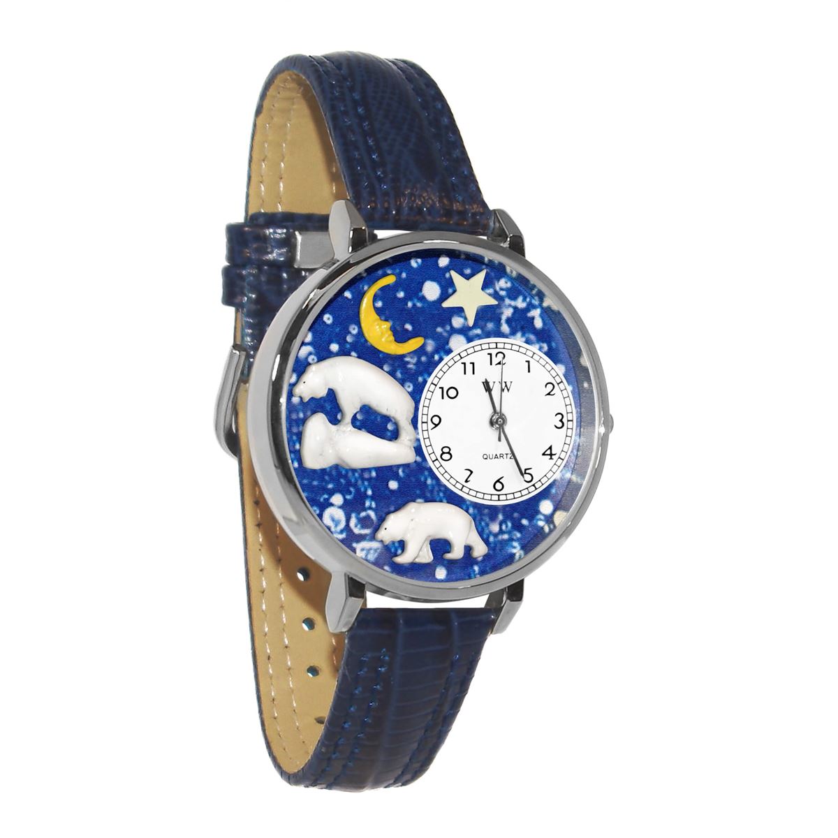 Whimsical Gifts | Polar Bear 3D Watch Large Style | Handmade in USA | Animal Lover | Zoo & Sealife | Novelty Unique Fun Miniatures Gift | Silver Finish Navy Blue Leather Watch Band