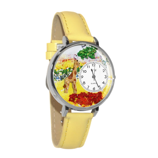 Whimsical Gifts | Giraffe 3D Watch Large Style | Handmade in USA | Animal Lover | Zoo & Sealife | Novelty Unique Fun Miniatures Gift | Silver Finish Yellow Leather Watch Band