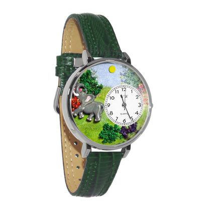 Whimsical Gifts | Elephant 3D Watch Large Style | Handmade in USA | Animal Lover | Zoo & Sealife | Novelty Unique Fun Miniatures Gift | Silver Finish Green Leather Watch Band