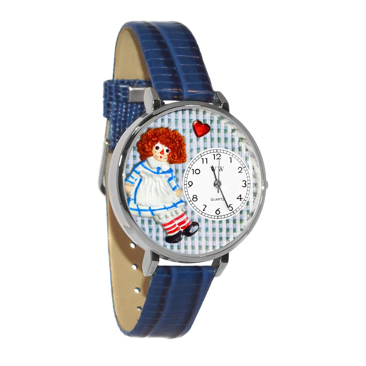 Whimsical Gifts | Vintage Raggedy Ann 3D Watch Large Style | Handmade in USA | Youth Themed |  | Novelty Unique Fun Miniatures Gift | Silver Finish Royal Blue Leather Watch Band
