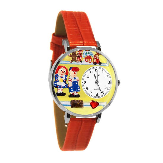 Whimsical Gifts | Raggedy Ann & Andy 3D Watch Large Style | Handmade in USA | Youth Themed |  | Novelty Unique Fun Miniatures Gift | Silver Finish Red Leather Watch Band