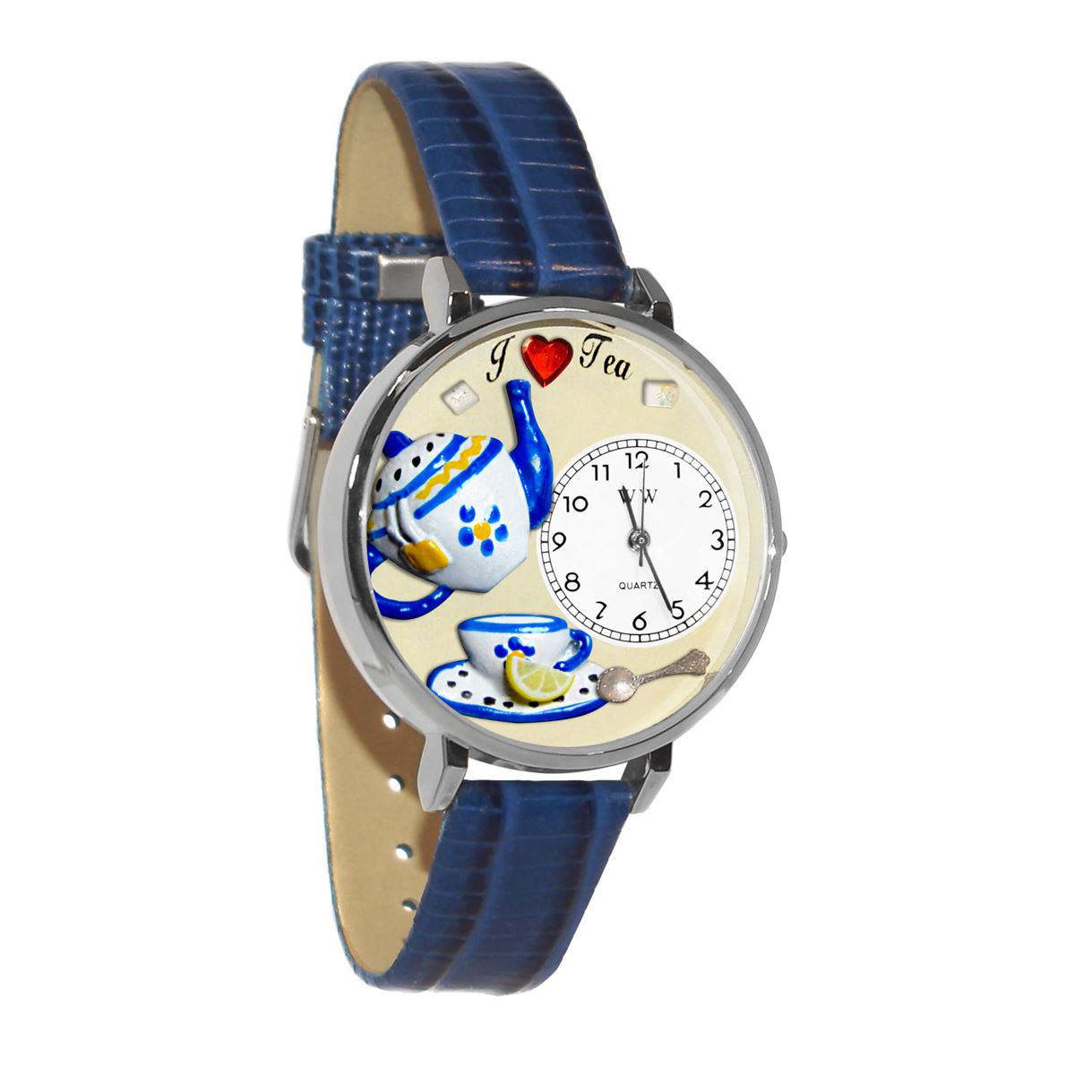Whimsical Gifts | Tea Lover 3D Watch Large Style | Handmade in USA | Hobbies & Special Interests | Food & Wine | Novelty Unique Fun Miniatures Gift | Silver Finish Royal Blue Leather Watch Band