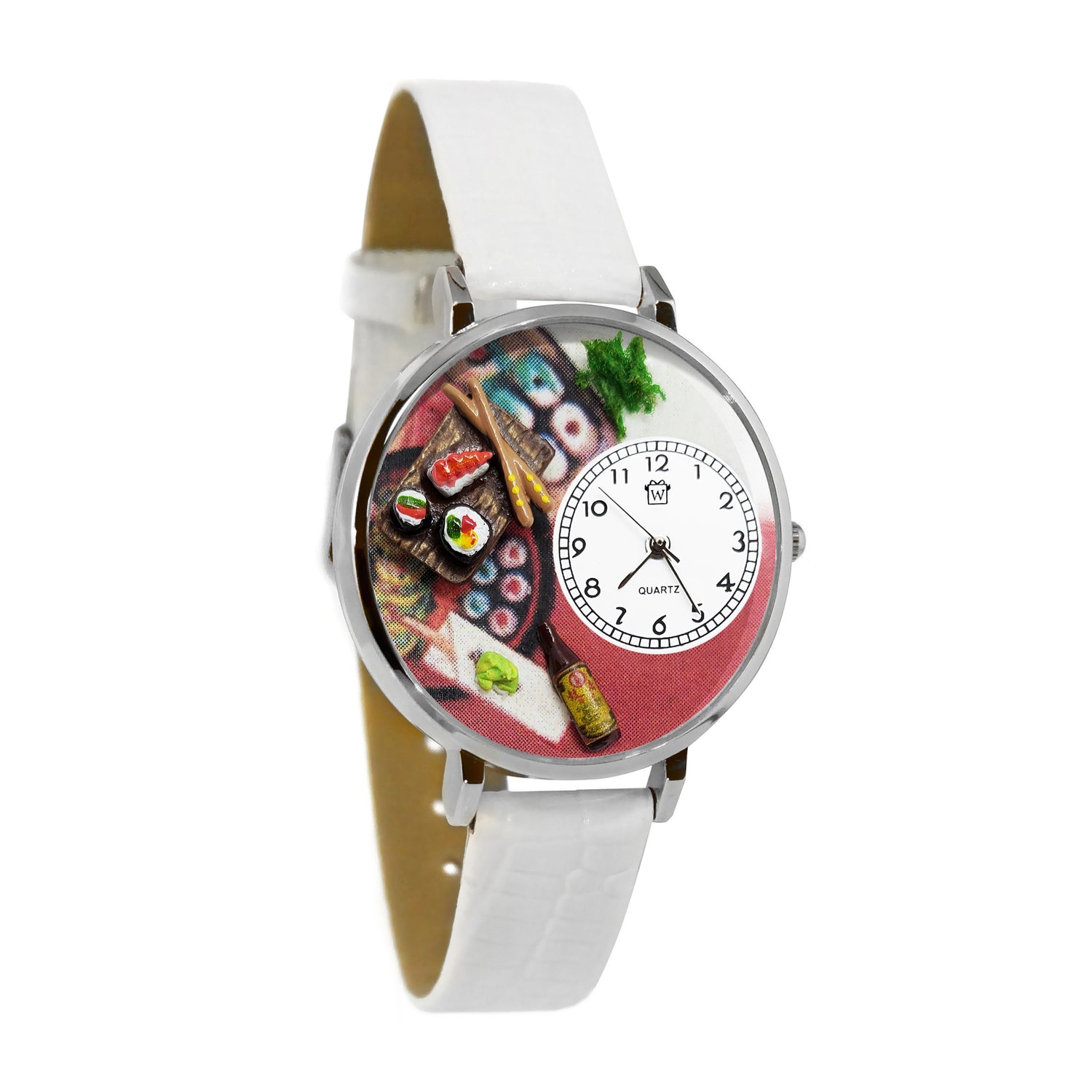 Whimsical Gifts | Sushi 3D Watch Large Style | Handmade in USA | Hobbies & Special Interests | Food & Wine | Novelty Unique Fun Miniatures Gift | Silver Finish White Leather Watch Band