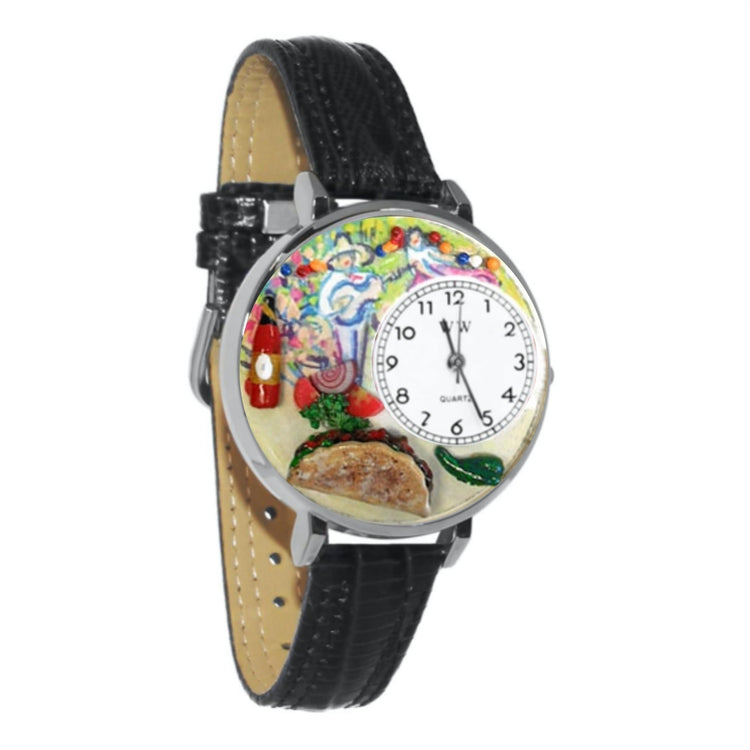 Whimsical Gifts | Taco Lover 3D Watch Large Style | Handmade in USA | Hobbies & Special Interests | Food & Wine | Novelty Unique Fun Miniatures Gift | Silver Finish Black Leather Watch Band