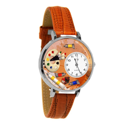 Whimsical Gifts | Artist Palette 3D Watch Large Style | Handmade in USA | Artist |  | Novelty Unique Fun Miniatures Gift | Silver Finish Tan Leather Watch Band