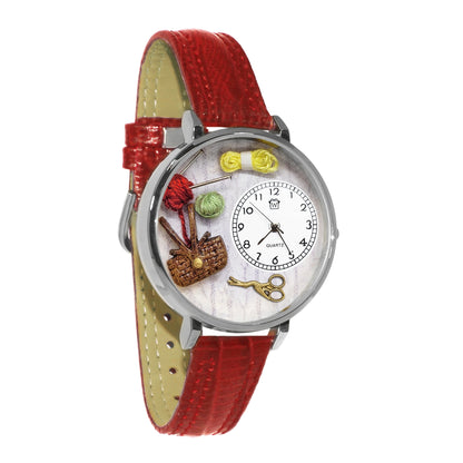 Whimsical Gifts | Knitting Basket 3D Watch Large Style | Handmade in USA | Hobbies & Special Interests | Sewing & Crafting | Novelty Unique Fun Miniatures Gift | Silver Finish Red Leather Watch Band