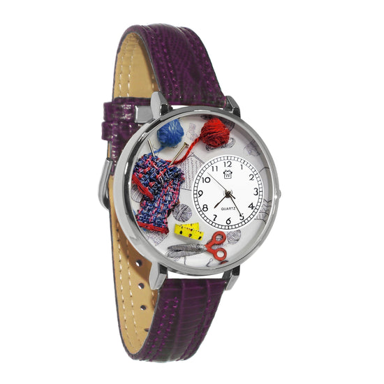 Whimsical Gifts | Knitting Scarf 3D Watch Large Style | Handmade in USA | Hobbies & Special Interests | Sewing & Crafting | Novelty Unique Fun Miniatures Gift | Silver Finish Purple Leather Watch Band
