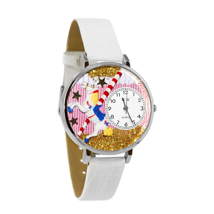 Whimsical Gifts | Carousel 3D Watch Large Style | Handmade in USA | Youth Themed |  | Novelty Unique Fun Miniatures Gift | Silver Finish White Leather Watch Band
