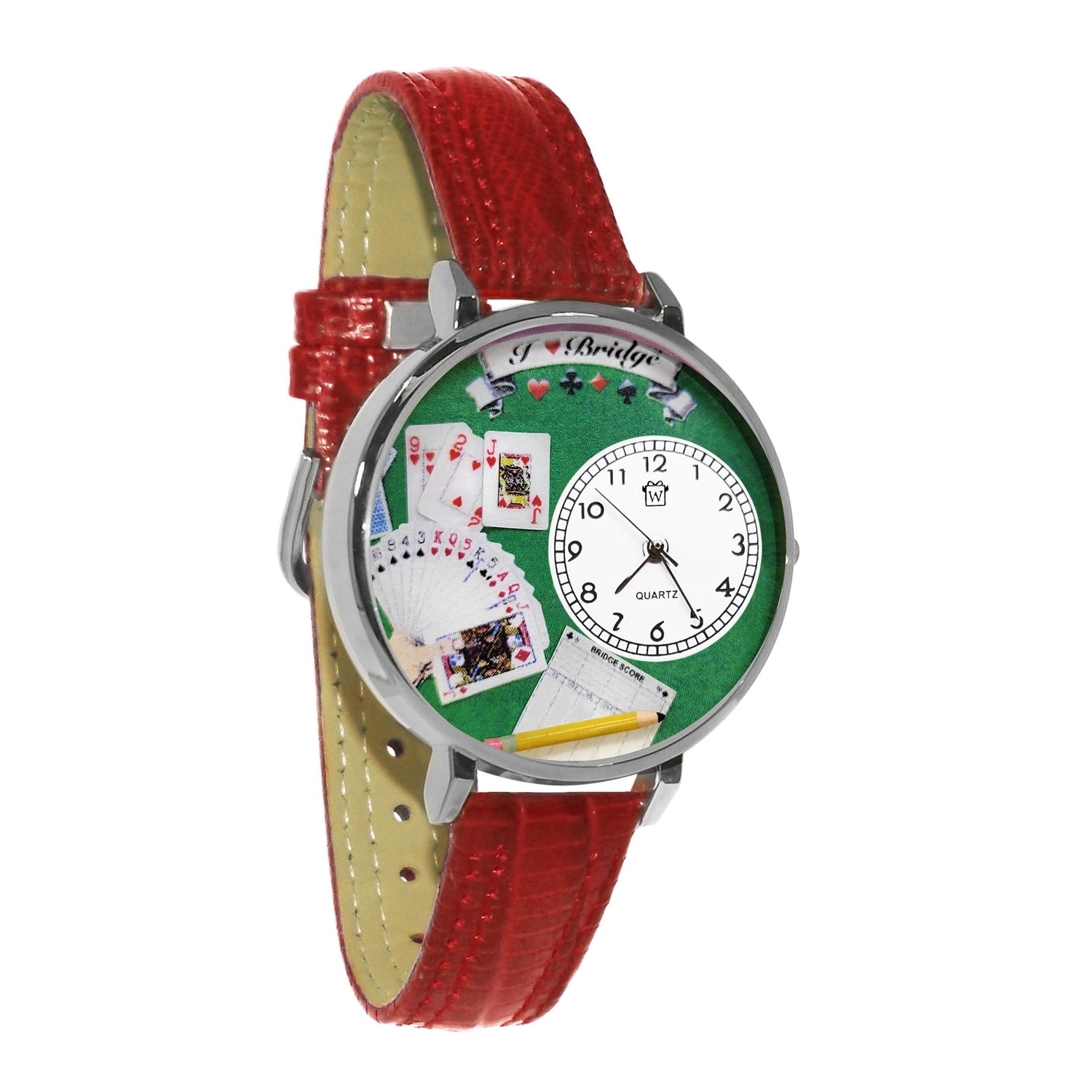 Whimsical Gifts | Bridge 3D Watch Large Style | Handmade in USA | Hobbies & Special Interests | Casino | Gaming | Game Night | Novelty Unique Fun Miniatures Gift | Silver Finish Red Leather Watch Band