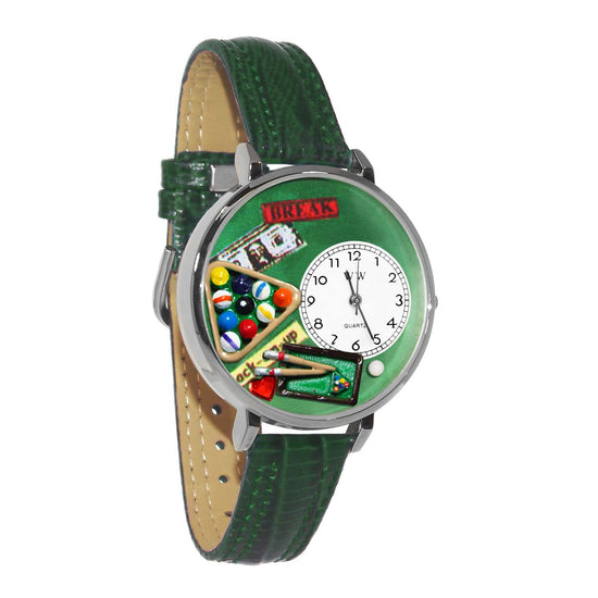 Whimsical Gifts | Billiards 3D Watch Large Style | Handmade in USA | Hobbies & Special Interests | Casino | Gaming | Game Night | Novelty Unique Fun Miniatures Gift | Silver Finish Green Leather Watch Band