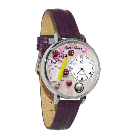 Whimsical Gifts | Bunco Queen 3D Watch Large Style | Handmade in USA | Hobbies & Special Interests | Casino | Gaming | Game Night | Novelty Unique Fun Miniatures Gift | Silver Finish Purple Leather Watch Band