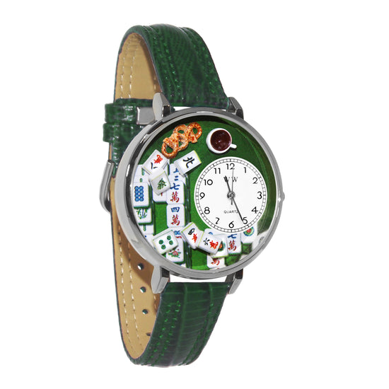 Whimsical Gifts | Mah Jongg 3D Watch Large Style | Handmade in USA | Hobbies & Special Interests | Casino | Gaming | Game Night | Novelty Unique Fun Miniatures Gift | Silver Finish Green Leather Watch Band