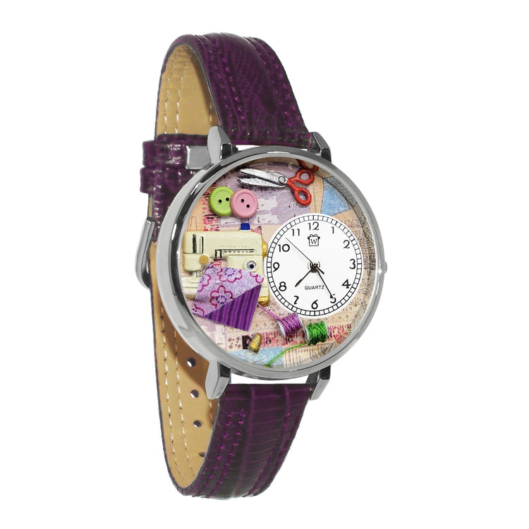 Whimsical Gifts | Sewing 3D Watch Large Style | Handmade in USA | Hobbies & Special Interests | Sewing & Crafting | Novelty Unique Fun Miniatures Gift | Silver Finish Purple Leather Watch Band