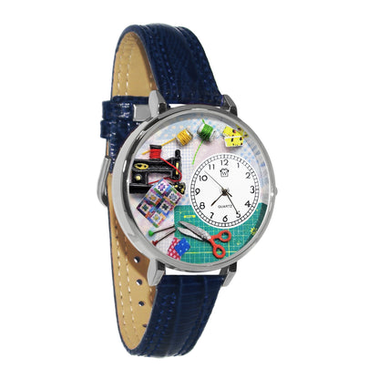 Whimsical Gifts | Quilting 3D Watch Large Style | Handmade in USA | Hobbies & Special Interests | Sewing & Crafting | Novelty Unique Fun Miniatures Gift | Silver Finish Navy Blue Leather Watch Band
