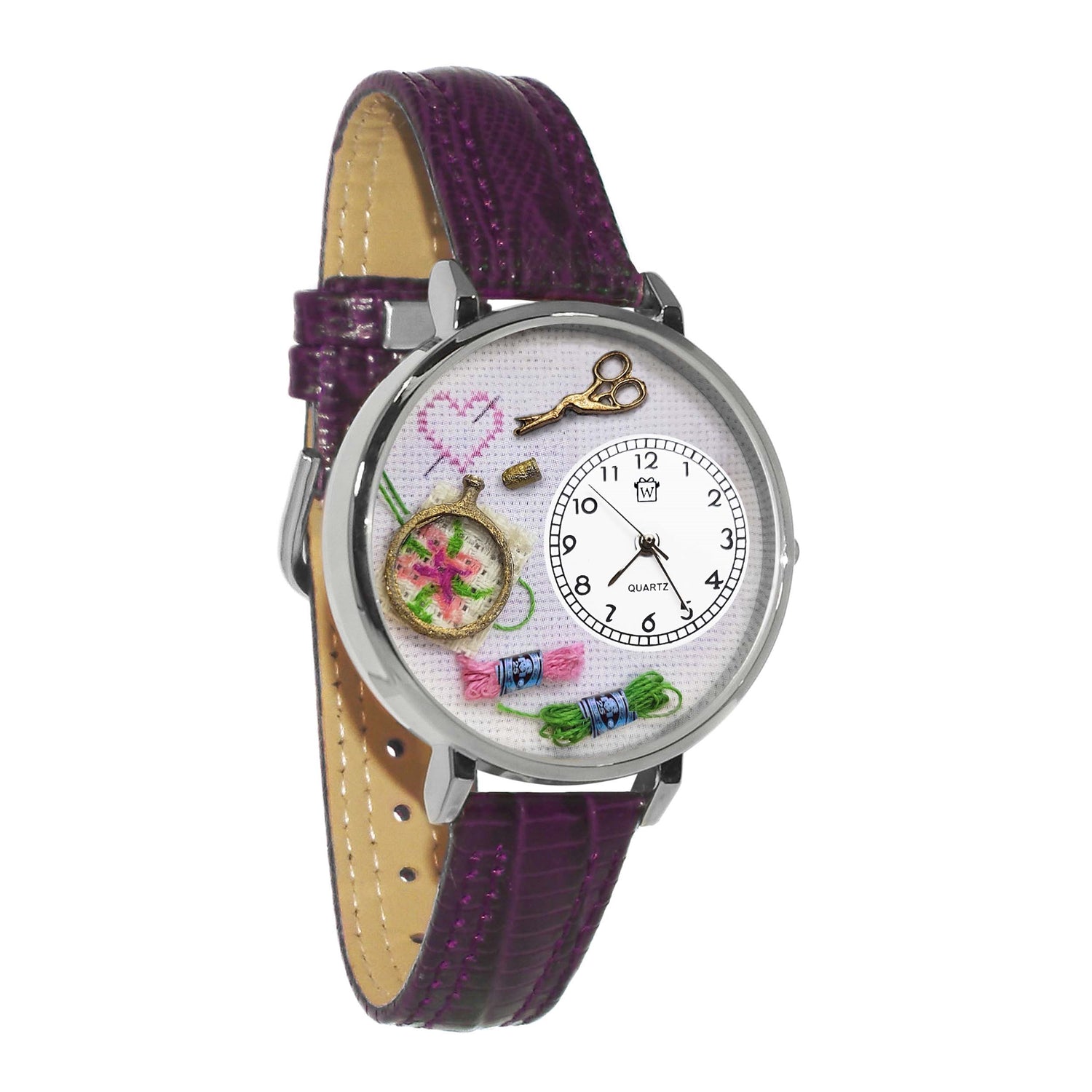 Whimsical Gifts | Cross Stitch 3D Watch Large Style | Handmade in USA | Hobbies & Special Interests | Sewing & Crafting | Novelty Unique Fun Miniatures Gift | Silver Finish Purple Leather Watch Band