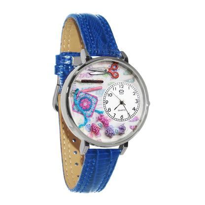Whimsical Gifts | Crochet 3D Watch Large Style | Handmade in USA | Hobbies & Special Interests | Sewing & Crafting | Novelty Unique Fun Miniatures Gift | Silver Finish Royal Blue Leather Watch Band